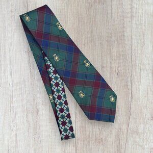 TOMMY HILFIGER Preppy Argyle Tartan Plaid Tie Hilfiger Crest Blue Green Red Gold